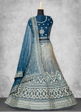 Navy Blue Velvet Embroidered Designer Long Lehenga Choli