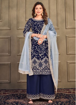 Navy Blue Velvet Palazzo Salwar Kameez