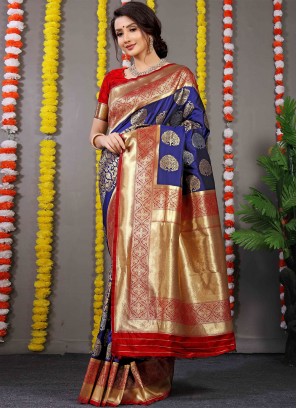 Navy Blue Weaving Festival Contemporary Style Saree