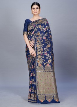 Navy Blue Woven Banarasi Silk Classic Saree