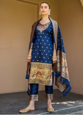 Navy Blue Woven Banarasi Silk Salwar Suit