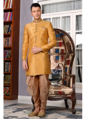 Nawabi Indo Westren Sherwani With The Touch Of Yellow Colour