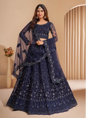 Net A Line Lehenga Choli in Blue