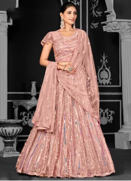 Net A Line Lehenga Choli in Peach