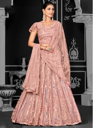 Net A Line Lehenga Choli in Peach