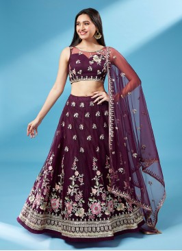 Net A Line Lehenga Choli in Wine