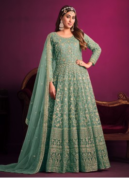 Net Anarkali Salwar Suit in Green