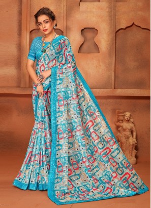 Net Aqua Blue Classic Saree