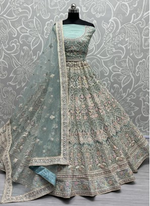 Net Aqua Blue Dori Work Trendy Lehenga Choli