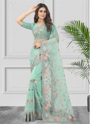 Net Aqua Blue Patchwork Contemporary Saree