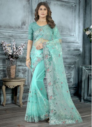 Net Aqua Blue Trendy Saree