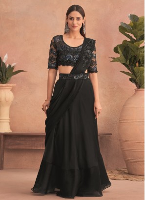 Net Black Embroidered Lehenga Saree