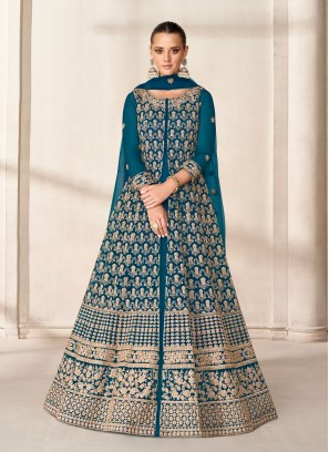 Net Blue Embroidered Anarkali Suit