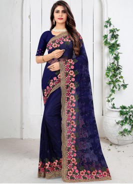 Net Blue Embroidered Designer Saree