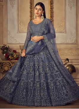 Net Blue Embroidered Trendy Lehenga Choli