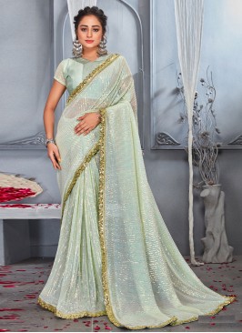 Net Border Contemporary Style Saree in Sea Green