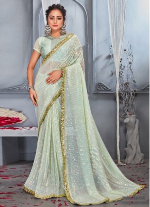 Net Border Contemporary Style Saree in Sea Green