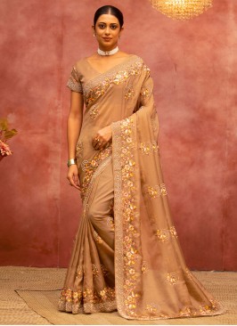 Net Brown Embroidered Saree