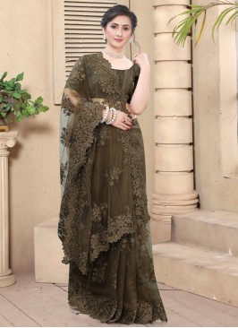 Net Brown Embroidered Traditional Saree