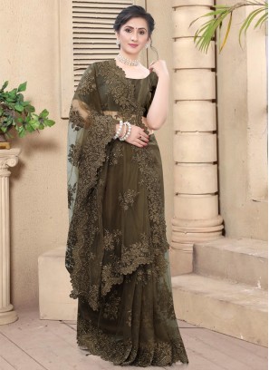 Net Brown Embroidered Traditional Saree