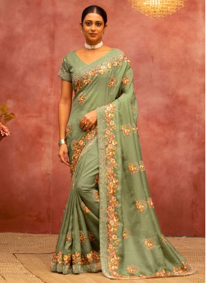Net Contemporary Saree in Green