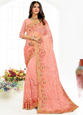 Net Contemporary Saree in Peach