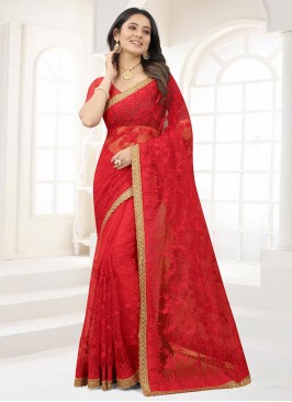 Net Contemporary Saree in Red