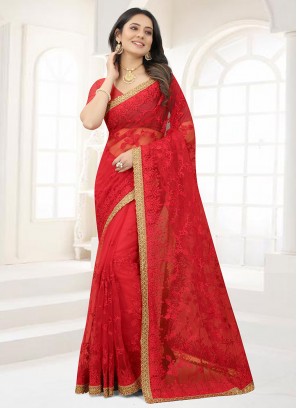 Net Contemporary Saree in Red