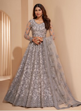 Net Cord A Line Lehenga Choli in Grey