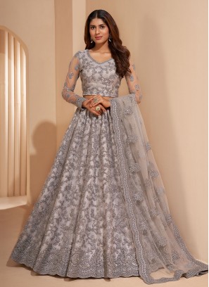 Net Cord A Line Lehenga Choli in Grey
