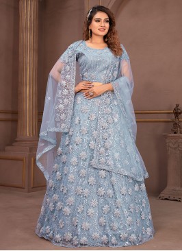 Net Cord Aqua Blue Readymade Lehenga Choli