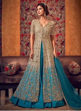 Net Cream and Turquoise Zari Trendy Anarkali Salwar Kameez