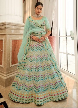 Net Designer A Line Lehenga Choli in Aqua Blue