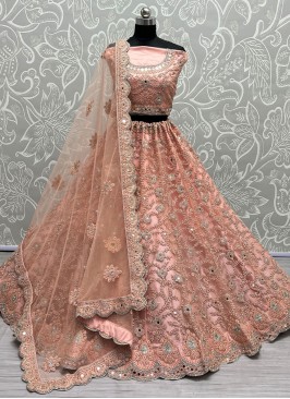 Net Designer Lehenga Choli in Peach