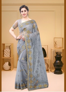 Net Designer Saree in Grey