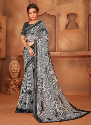 Net Digital Print Black Contemporary Saree