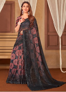 Net Digital Print Black Contemporary Saree