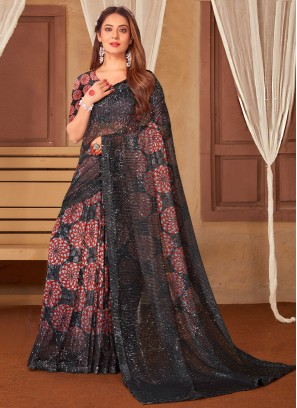 Net Digital Print Black Contemporary Saree