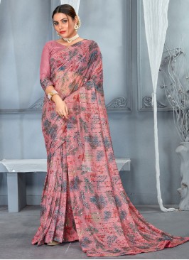 Net Digital Print Pink Contemporary Style Saree