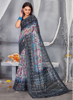 Net Digital Print Saree in Multi Colour