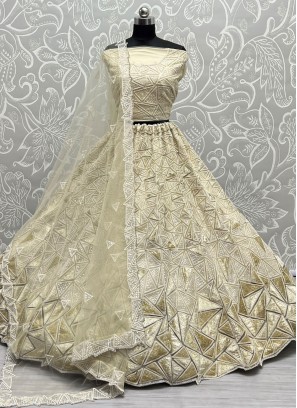 Net Embroidered A Line Lehenga Choli in Cream
