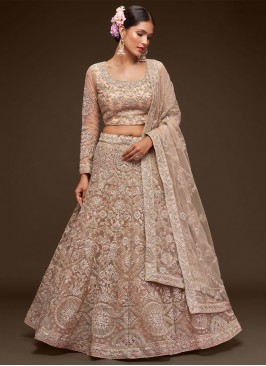 Net Embroidered Beige Lehenga Choli