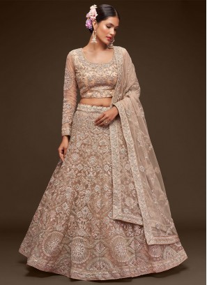 Net Embroidered Beige Lehenga Choli