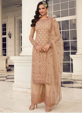 Net Embroidered Beige Salwar Suit