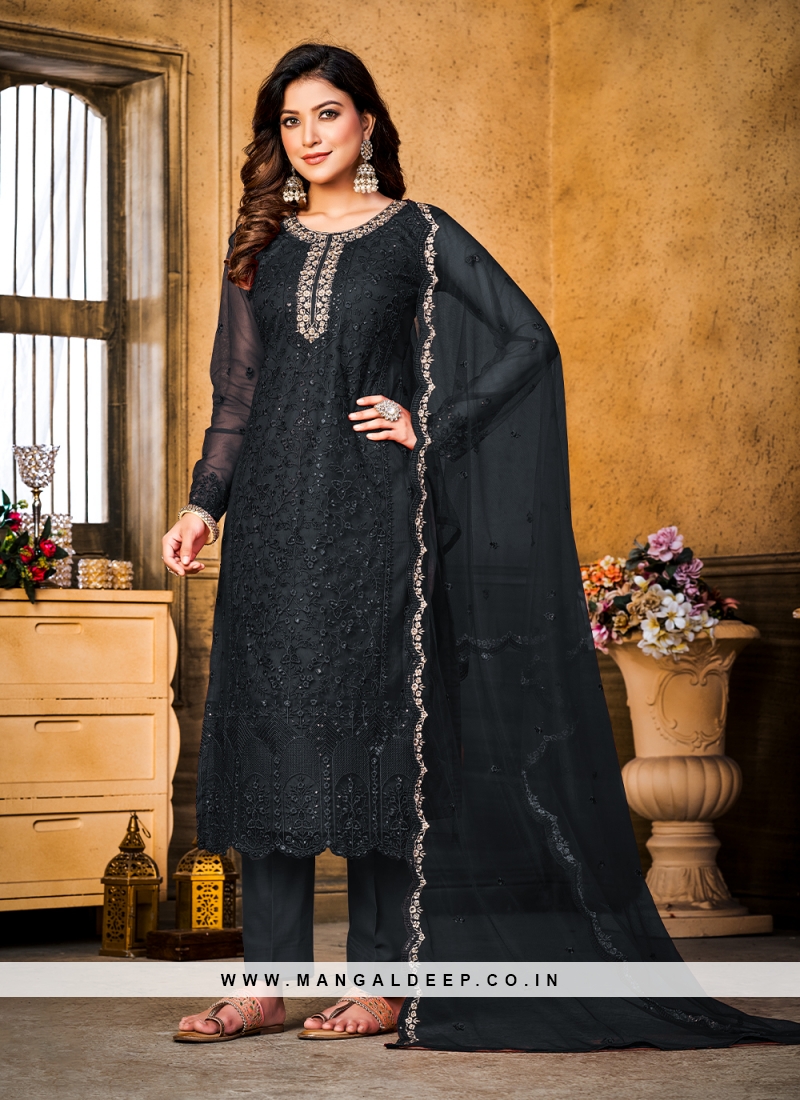 Net embroidered pant style suit in Black colour 3407