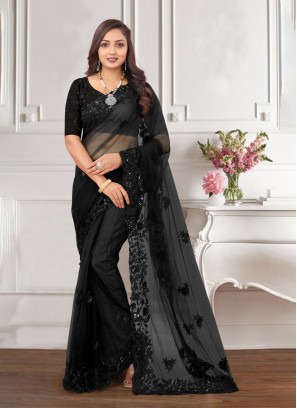 Net Embroidered Black Saree