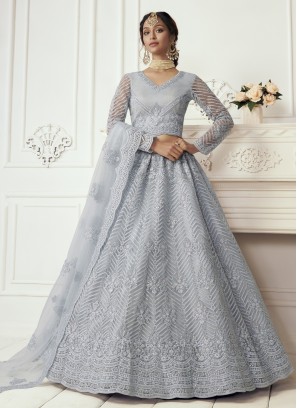 Net Embroidered Blue Lehenga Choli