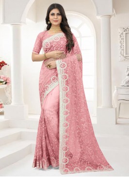 Net Embroidered Classic Designer Saree in Pink