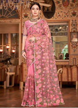 Net Embroidered Contemporary Saree in Pink