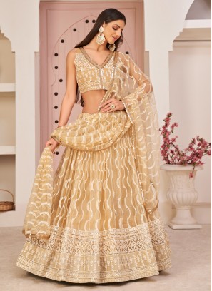 Net Embroidered Cream Lehenga Choli